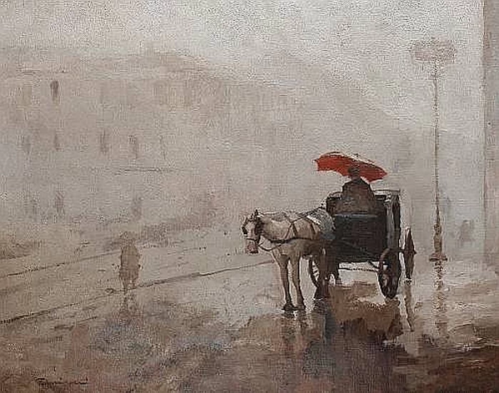 Una carrozza e un cavallo in una giornata piovosa